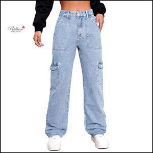 High Rise Cargo Jeans Stretch Wide Leg Denim Pants Women's Straight Fit